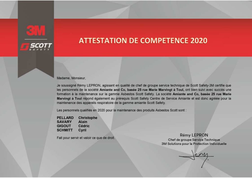 attestation de capacité annuelle Amiante and Co 3M-SCOTT 2020 agrement appareil protection respiratoire apr entretien